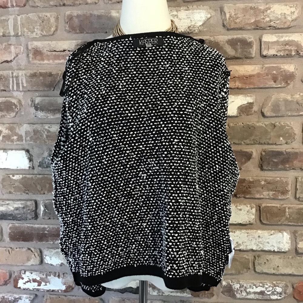 KASPER Women's Chic Black & White Textured Fringe Knit Cardigan Jacket XL - Picture 6 of 8